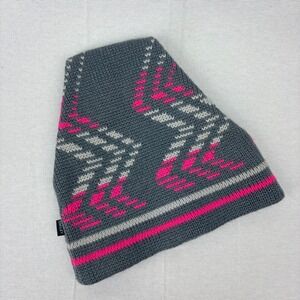 Smiley Vintage Knit Beanie Cap Gray Neon Pink Zigzag 80s 90s Wool Skiing USA